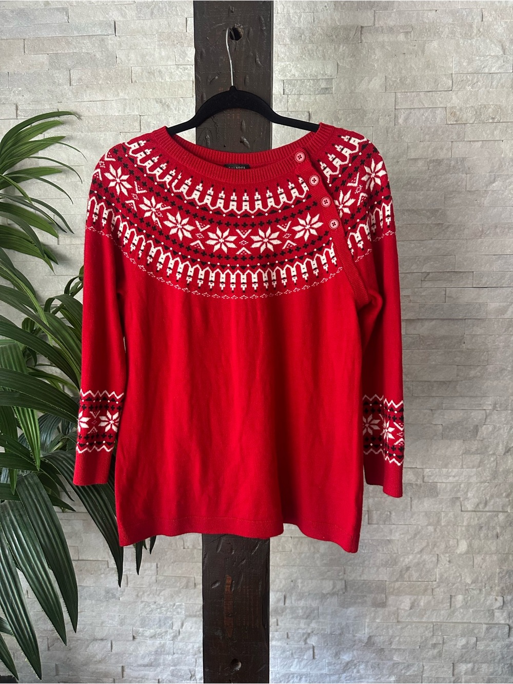 Talbots Red Fair Isle Button-Yoke Wool Blend Sweater Size M